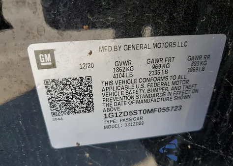 2021 Chevrolet Malibu Lt z USA, uszkodzony, nr VIN 1G1ZD5ST0MF055723